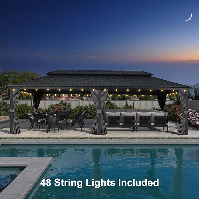 PURPLE LEAF 12' X 28' Hardtop Gazebo with Light Aluminum Gazebo with Galvanized Steel Double Roof for Patio Lawn and Garden Curtains and Netting Included Grey