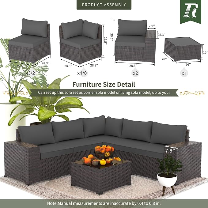 6 PCS Outdoor Patio Furniture Set,Outdoor Sectional Furniture All Weather PE Rattan Wicker Patio Conversation Set with Coffee Table and 5 Thickened Cushions,Grey