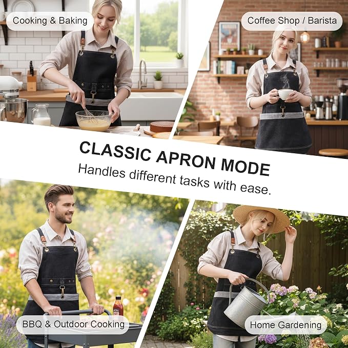 Denim Cross Back Gardening Apron with Adjustable Straps & Pockets | Heavy-duty denim; large front pockets; tool storage; cross-back straps; indoor & outdoor use; gardening and home tasks