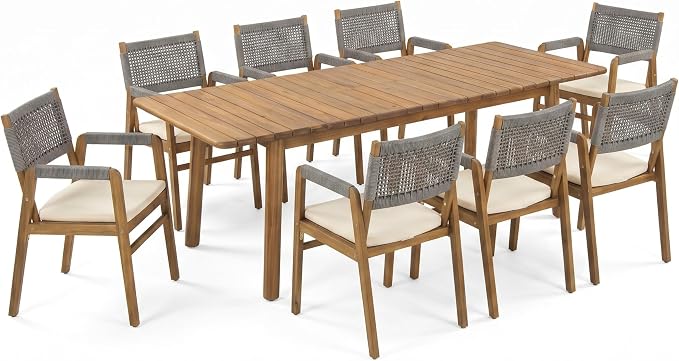 Christopher Knight Home Sky Acacia Wood Dining Table Set for 8, 9 Piece Patio Extendable Dining Table and Dining Chairs Set of 8 with Cushions & Rope Accents, Patio Furniture Set, Teak+Beige+Grey