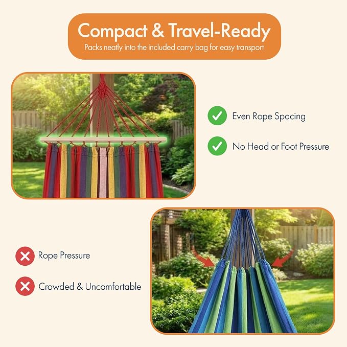 Gardenised Multicolor Striped Fabric Hammock with Wood Spreader Bars Portable Outdoor Hanging Design with Carry Bag S-Hooks and Ropes for Garden Backyard Patio Camping & Travel Use