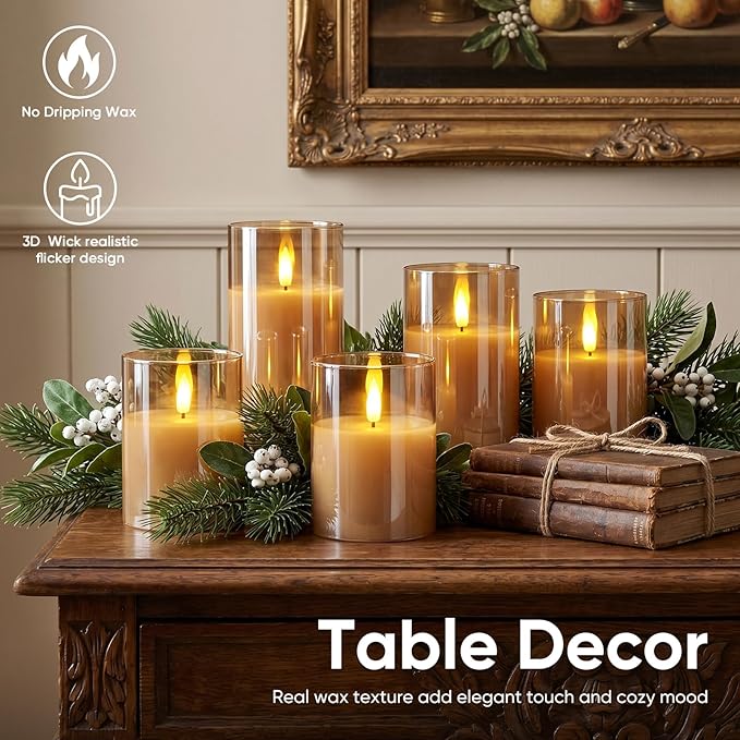 5plots Glass Battery Operated Gold Flameless Candles with Remote Timer, 3D Wick Real Wax Pillar Led Candles Warm Flickering Light for Indoor Home, Halloween, Christmas Decor, Set of 3, D3 x H4 5" 6"