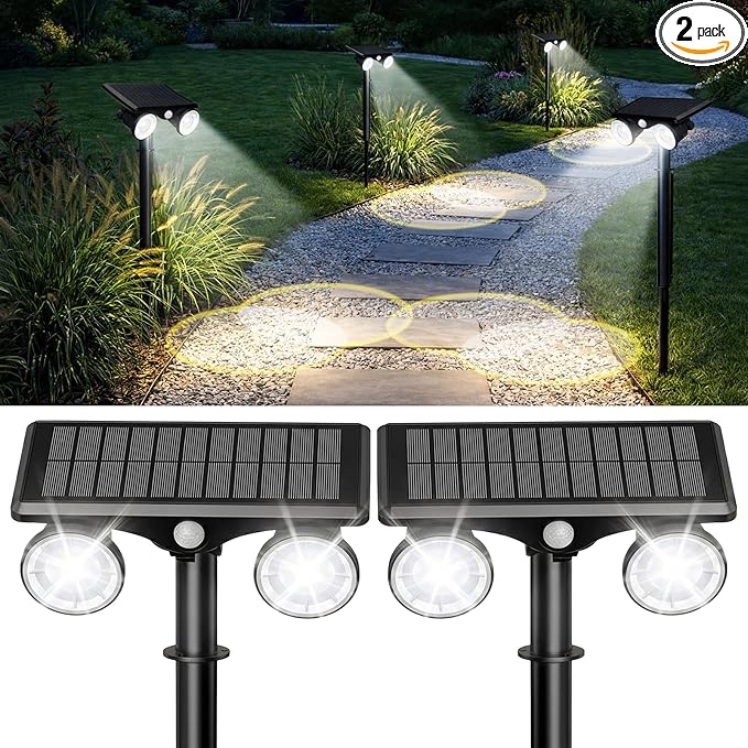 Solar Spot Lights Outdoor Waterproof 2Pack,2 Modes Motion Sensor Landscape Lighting for Outside Yard Garden Pathway,2-in-1 Wall&Spot LED Lights with 360° Adjustable Dual Heads(Cool White)