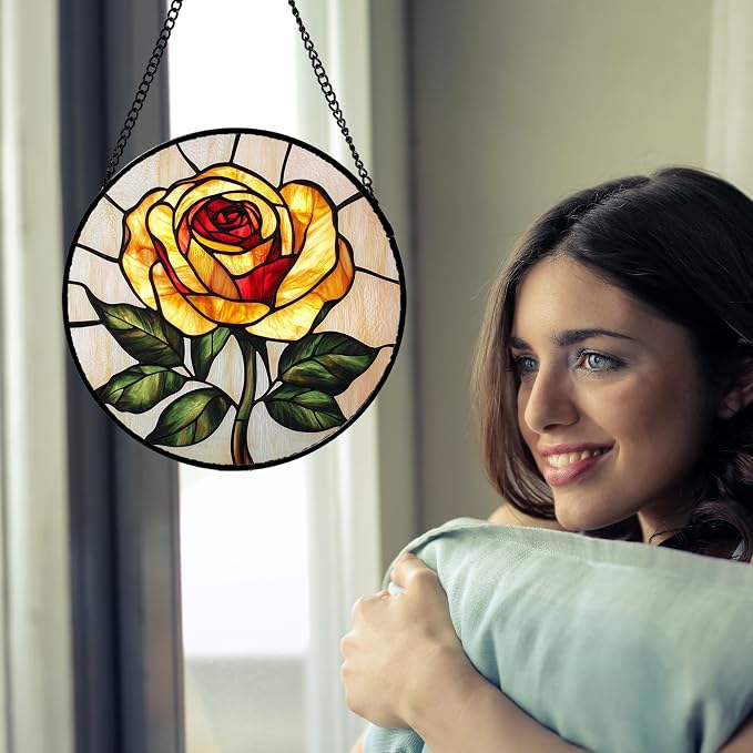 Stained Glass Window Hanging - Elegant Yellow Rose Flower Sun Catcher for Door Garden Home Decor Suncatcher Christmas Mother's Day Birthday Gifts for Women Mom Girl Nana Friend 7.8 in