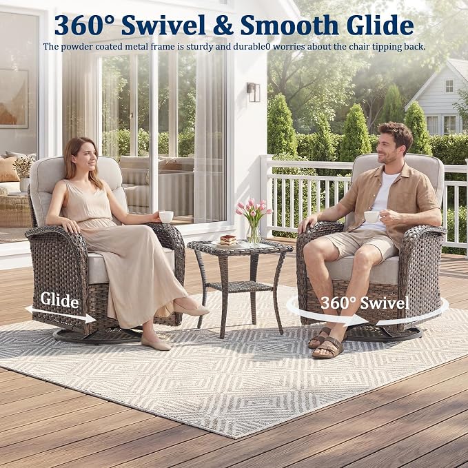 Outdoor Swivel Rocking Chair Patio Set (9pcs) High-Back - Thick Cushion Swivel Rocking Chair Patio with Fire Table Set, All-Weather Wicker Patio Furniture Set, Suitable for Balcony Patios, Brown/Beige