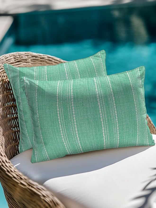 Waterproof Outdoor Pillow Set of 2 Mint Green Linen Stripes Decorative Throw Pillows Cover & Insert 20x12 Inch Lumbar Pillowcase Parallel Vertical Lines Pillows for Couch Sofa Bed Patio Furniture