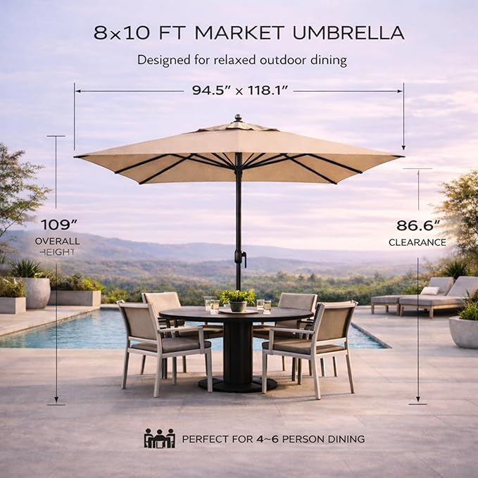 Treasure Garden 8 x 10 ft Patio Umbrella - Rectangular Market Umbrella – Auto Tilt – Bronze Aluminum Frame (Obravia2, Forest Green)