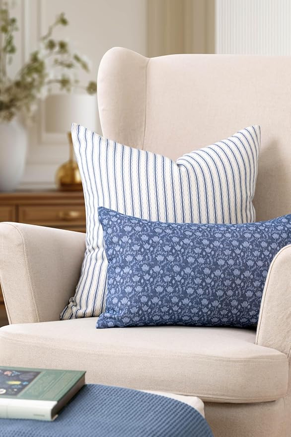 California Casual Coastal Indoor Outdoor Throw Pillow Cover, 22"x22" Water Repellent for Patio, Backyard, Couch, Poolside, Azure Blue Print Wave Stripes