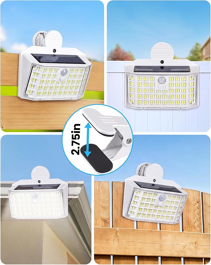 176LED Clip on Solar Lights Outdoor, 600LM Solar Motion Lights Outdoor with 180° Wide Angle, IP65 Waterproof Portable Solar Fence Lights Outdoor for Fence, Gutter, Garden, Camping, Patio White 2Pack
