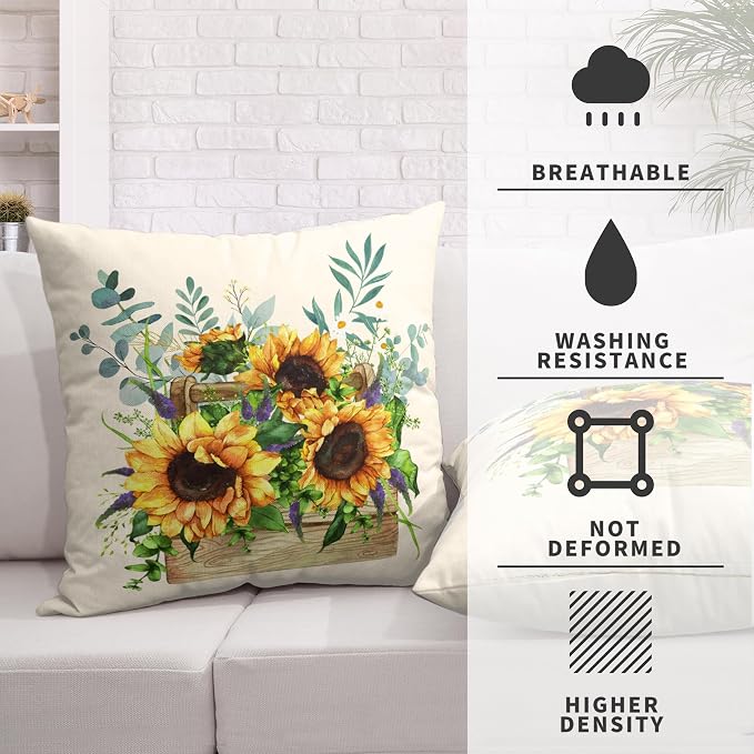 Sunflower Daisy with Purple Floral Throw Pillow Covers Spring Summer Flowers Pillow Case 22x22 Cotton Linen Square Farmhouse Cushion Case for Living Room Bed Patio 2 Pack