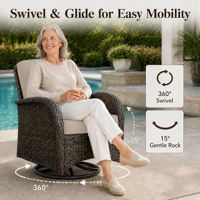 HUMMUH 3-Piece Wicker Swivel Rocking Patio Furniture Set, Brown/Beige | Powder-coated steel frame, hand-woven PE wicker, 250 lb capacity, 4-inch sponge cushions, 5mm tempered glass side table