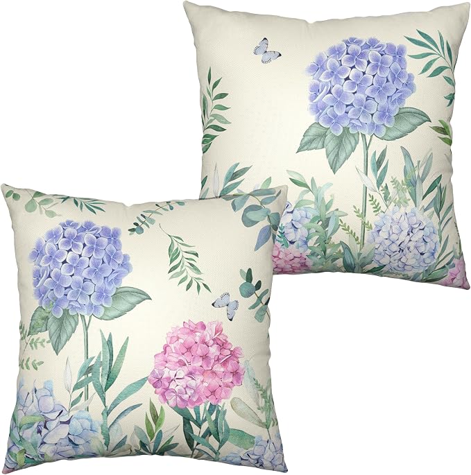 Blue Hydrangea Pillow Covers 18x18 Set of 2 Spring Summer Floral Throw Pillows Cover Flowers and Butterflies Cotton Linen Pillowcase for Couch Sofa Living Room Patio