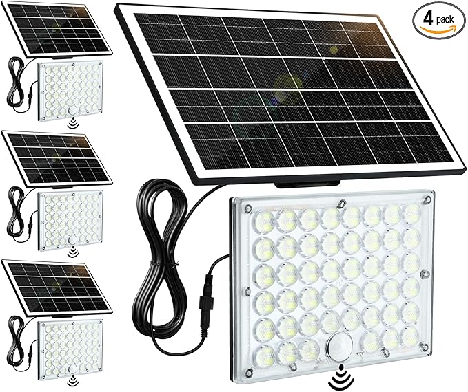 Aialun 4Pack Solar Motion Lights Outdoor,3600LM Bright 184 LEDs Larger Solar Panel Security Lights 3600mAh Battery,3 Modes Flood Lights Outside 6500K IP65 Waterproof for Yard,Garage,Patio,16.4ft Cord