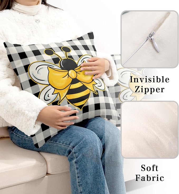 2 Pack Bee Themed Decor Pillow Covers 22x22 Black and White Plaid Throw Pillow Covers Spring Summer Pillowcase Soft Touch Cotton Blend Farmhouse Decor for Indoor Sofa Bed