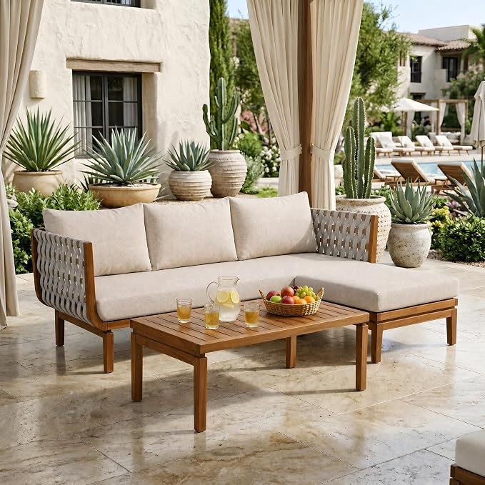 Christopher Knight Home Gwen 3 Piece Acacia Wood Patio Conversation Set with Sofa, Coffee Table and Ottoman, 3-Seater Sofa with Water-Repellent Cushion, Outdoor Patio Furniture Set, Teak+Beige