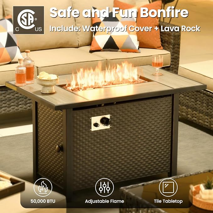ovios 7 Pieces Patio Furniture Set, Outdoor Wicker Sofa Couch with Swivel Glider Chairs Fire Pit Table, Modern Deep Seat Rattan Conversation Sets for Deck Porch, Beige