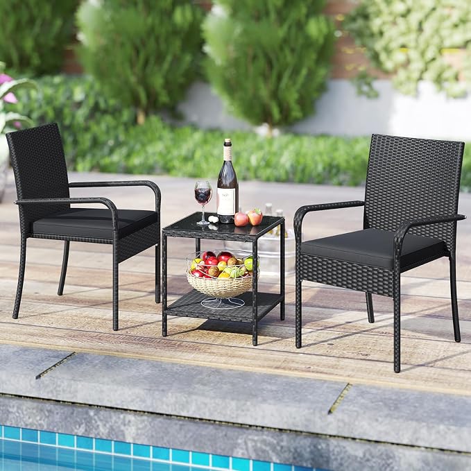 Tangkula 3 Pieces Patio Furniture Set, PE Rattan Outdoor Cushioned Conversation Chairs with 2-Tier Tempered Glass Tabletop Table, for Balcony, Garden and Poolside (Black)