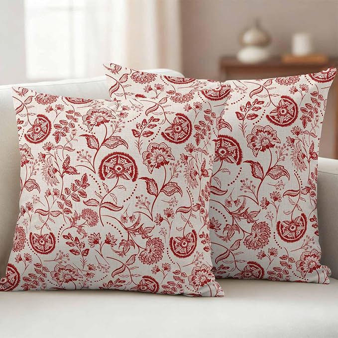 Outdoor Pillow Covers 16x16 Set of 2, Red Spring Floral Waterproof Patio Throw Pillow Covers for Couch Sofa Chair, Summer Botanical Farmhouse Decorative Pillowcases for Throw Pillows