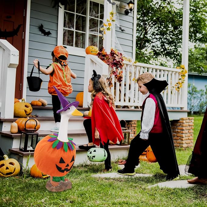 Halloween Porch Goose Outfit Pumpkin Goose Costume for Outdoor Decor | 23'' Plastic/Cement Statues, Patio Lawn Yard Party Decorations