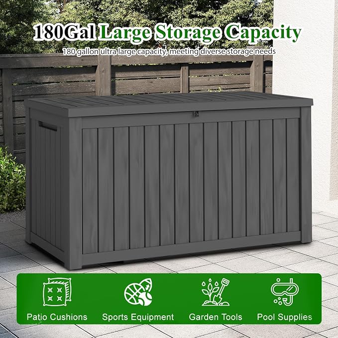 180 Gallon Waterproof Resin Outdoor Storage Box, Lockable & UV Resistant | Patio Deck Boxes, Outside Storage for Patio Cushions, Pool Toys, Garden Tools & Package Delivery, Black