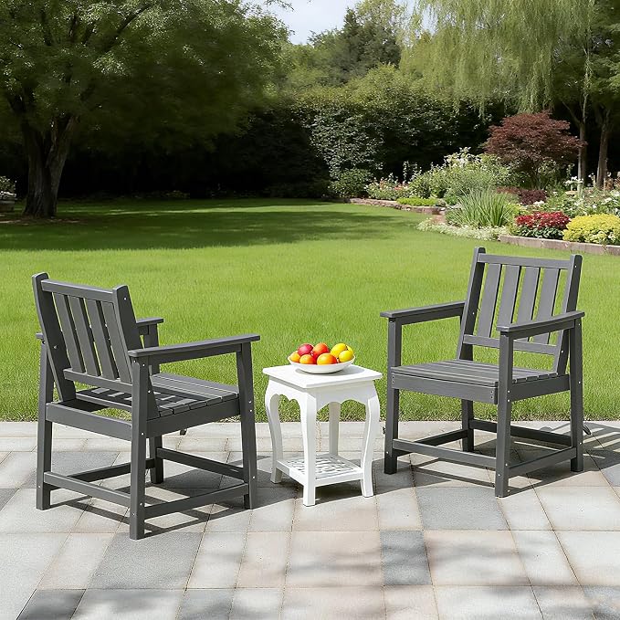 Outdoor Patio Dining Chair Set of 2, All-Weather HDPE Patio Chairs with Backrest and Armrest, 300 lbs Support Outdoor Furniture Chairs for Backyard, Garden, Deck, Grey
