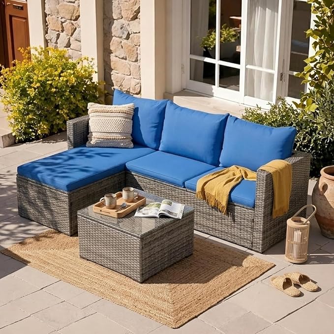 JAMFLY 3-Piece Outdoor Sectional Sofa Set with Glass Coffee Table, All-Weather PE Wicker Patio Furniture with Thick Cushions, Modular Conversation Set for Small Balcony, Deck & Porch, Blue