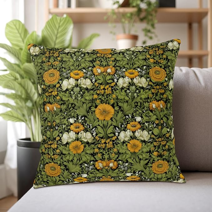 Dark Green Plant Floral Pillow Covers 20x20 Sage Green Botanical Throw Pillow Covers Fern Leaf White Orange Flowers Pillowcase Vintage Wildflower Cushion Case for Couch Sofa 2 Pack