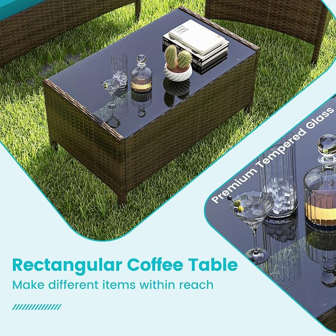 ORALNER 4 Pieces Patio Furniture Set, Rattan Chairs Loveseat with Soft Cushion and Glass Table, Outdoor Wicker Conversation Set for Balcony Garden Backyard Porch Poolside (Turquoise)