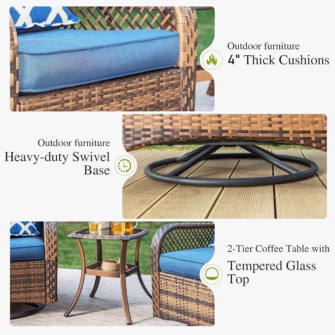 PHI VILLA 4-Piece Outdoor Swivel Rocker Chairs Set with Fire Pit Table, Rattan Patio Furniture Set Supports 350lbs, with 2 Rocking & Swivel Chairs, 1 Coffee Table, and 1 Fire Pit