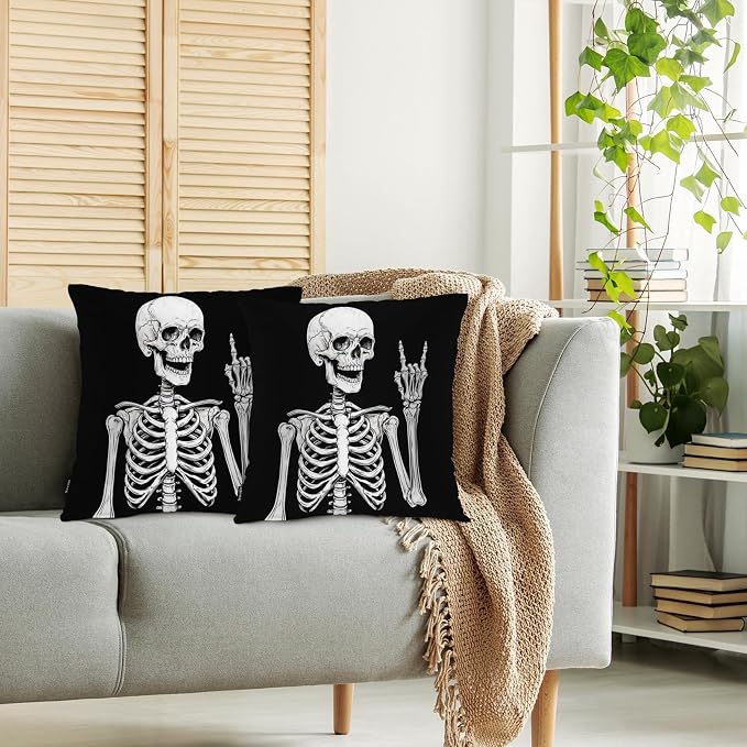Swono Human Skeleton Throw Pillow Cases Pack of 2, Funny Human Skull Rock Music Square Cushion Covers Decor Pillow Covers for Couch Sofa Home Decoration 18 X 18 Inches Pillowcases, Black