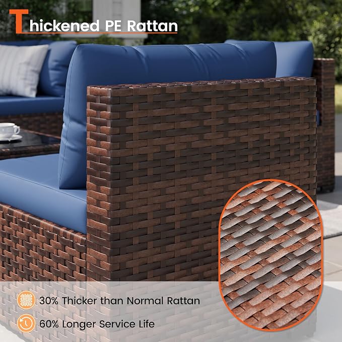 8 Piece Patio Furniture Set with 44" Fire Pit Table, Outdoor Sectional Wicker Rattan Sofa Set with Coffee Table (Navy Blue/Brown)