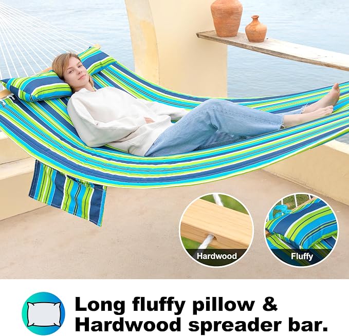 GAFETE Hammock 2 Person Quilted Fabric Hammocks for Outside, Double 12ft Hammocks with Spreader Bar, Large Removable Pillow, Storage Bag, Carabiners, Max 475 lbs Capacity (Garden)