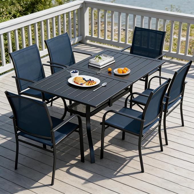 SUNCROWN 7 Pieces Outdoor Dining Set, Patio Furniture Set with 6 x Textilene Dinning Chairs and 1 Steel Slat Metal Bistro Table for Garden Lawn Backyard Deck (Dark Blue)