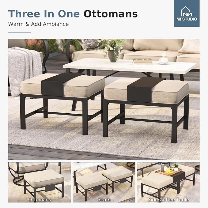 MFSTUDIO Patio Furniture Sets with 45" Gas Fire Pit Table, 8 Pieces Outdoor Metal Conversation Sets with 1 x 3-Seat Sofa, 2 Single Chairs, 2 Swivel Chairs and 2 Ottomans, Beige Cushion