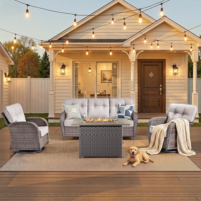 4 PCS Patio Furniture Set with Fire Pit Table, Outdoor Sectional Sofa Couch with Rocking Swivel Chairs 5" Deep Seat Chairs, Modern Wicker Rattan Conversation Set, Beige/Brown Wicker
