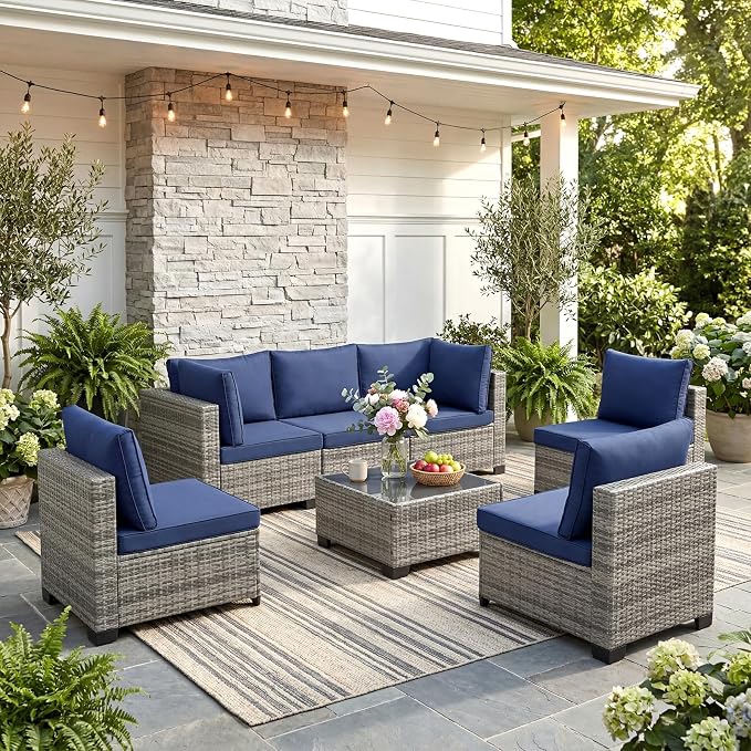 ANJ 7 Piece Outdoor Wicker Patio Furniture Set, Modular Loveseat Sofa with with Glass Top Coffee Table, All-Weather Rattan Conversation Couch Set for Balcony, Backyard, Light Grey Wicker-Blue