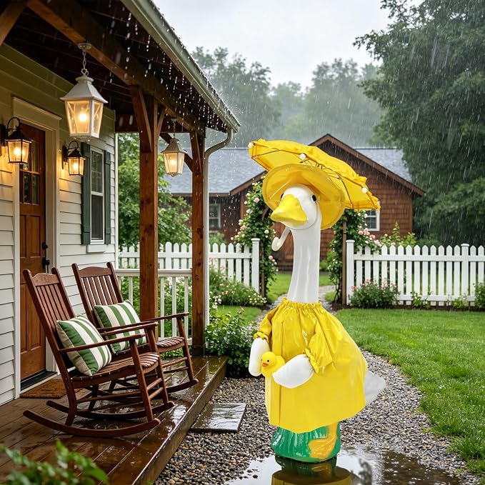 23 Inch Porch Goose Raincoat Outfit Set with Umbrella & Baby Duck Companion, Waterproof Geese Clothes for 19–23 Inch Goose and Duck Statues,Garden Yard Patio Outdoor Decor