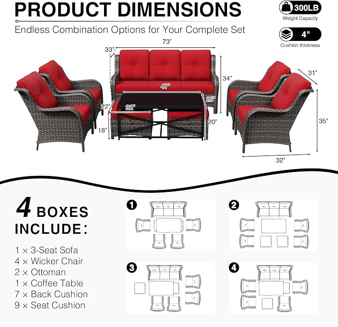 Joyside 8 Piece Wicker Patio Furniture Set, Rattan Patio Chairs with High Back, Deep Seating, Wide Armrest, Thickened Cushions, Outdoor Furniture for Deck, Porch Use