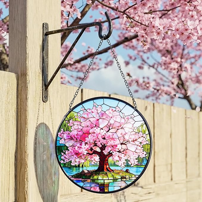 Stained Glass Window Hanging, Pink Cherry Blossom Tree Suncatcher 7.8 in Sun Catcher Boho Wall Art Decor with Chain Diamond Glass Panel Hangings Scenery Sun Catchers Decor for Lover Couple Mom