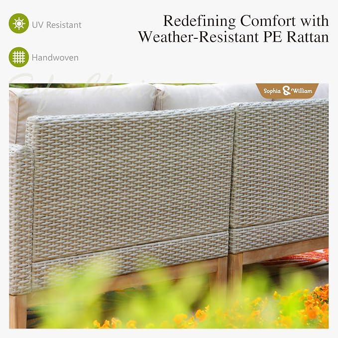 Sophia & William Patio Furniture Set, 5-Piece Wicker Patio Conversation Set, Rattan Outdoor Sectional Sofas with Ottomans & Wooden Coffee Table, Beige