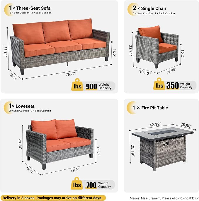 ovios 5 Pieces Patio Furniture Set, Outdoor Wicker Rattan Sofa Couch with 42" Fire Pit Table, Loveseat Chairs, Conversation Sets for Yard Porch Garden, Orange Red