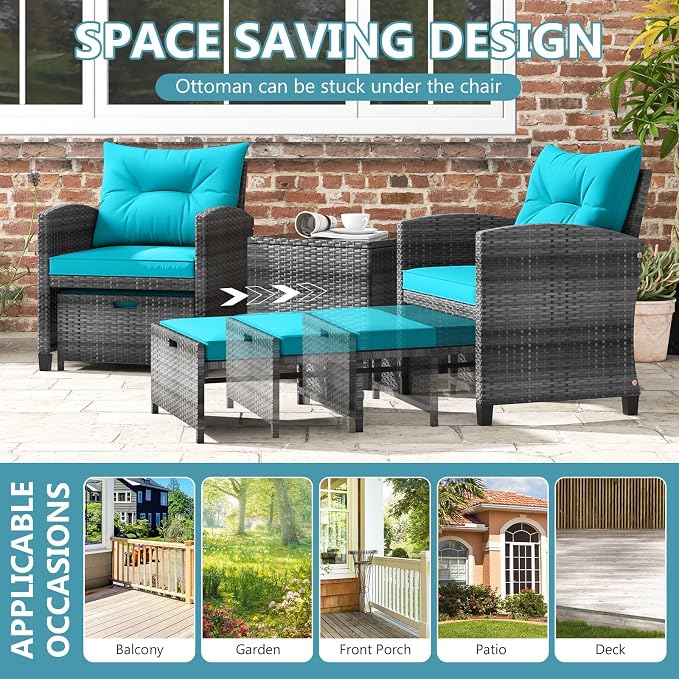 ORALNER 5 Pieces Patio Furniture Set with Ottoman, Wicker Conversation Set w/Cushions, Glass Coffee Table, Outdoor Lounger Rattan Chairs Bistro Set for Porch Balcony Garden Deck Poolside (Turquoise)