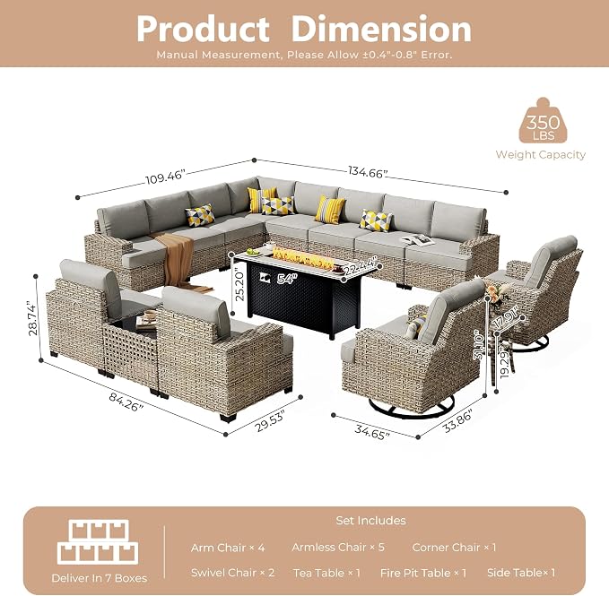 HOOOWOOO Sectional Patio Furniture Set with Fire Pit Table,15 Pieces Wicker Outdoor Furniture L Shaped Couch,Outside Conversation Set Extra Deep Seat Sofa Wide Arm Swivel Chairs Solar Light,Dark Gray