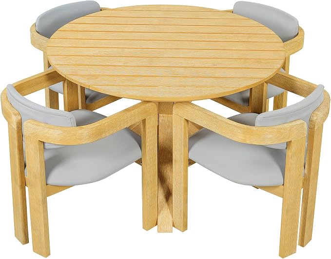 Merax 5 Piece Patio Table and Chairs Set for 4, 4pcs Outdoor Club Dining Chairs with Gray Cushions & 1 Oversize Round Dining Table, Acacia Wood Patio Dining Furniture Set for Balcony Desk Garden