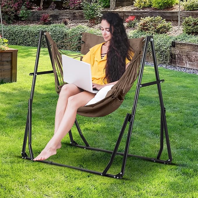 2 in 1 Hammock with Stand, Outdoor Hammock Swing Chair with Portable Heavy Duty Stand, Multi-Functional Hammock Stand 480 lbs Weight Capacit-Coffee
