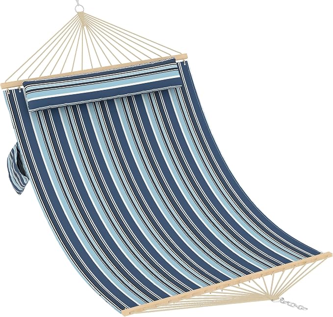 Double Quilted Hammock for 2 Adults – 350cm Large Outdoor Patio Swing Bed with Hardwood Spreader Bars, Detachable Pillow, 450lbs Capacity, Weather-Resistant, Ideal for Garden, Backyard