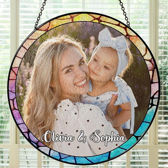 Custom Photo Stained Glass Window Hanging Suncatcher 2026, Personalized Family Picture Sun Catcher with Custom Text, Father's Day Birthday Gift for Dad, Papa, Grandpa, Husband