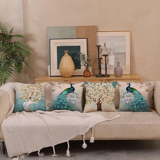 Peacock Light Blue Throw Pillows Covers 18x18 for Bed Set of 4 Geometric Sky Blue Abstract Decorative Throw Pillow Case Outdoor Square Velvet 18 x 18 inch for Living Room Couch Sofa Decor