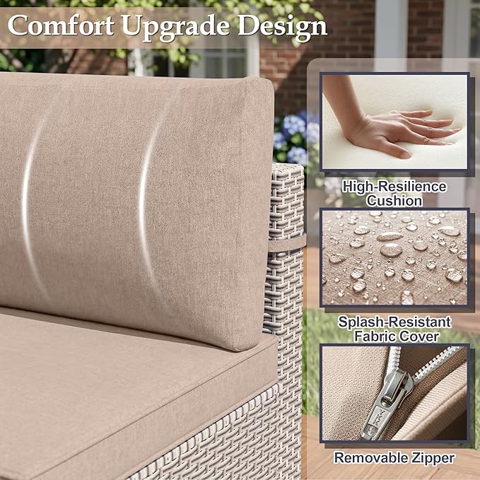 Patio Furniture Set, 17-Piece Outdoor Sectional Sofa with Swivel Rocker Chairs & 2-Layer Glass Coffee Table, Wicker Patio Conversation Set with Khaki Cushions