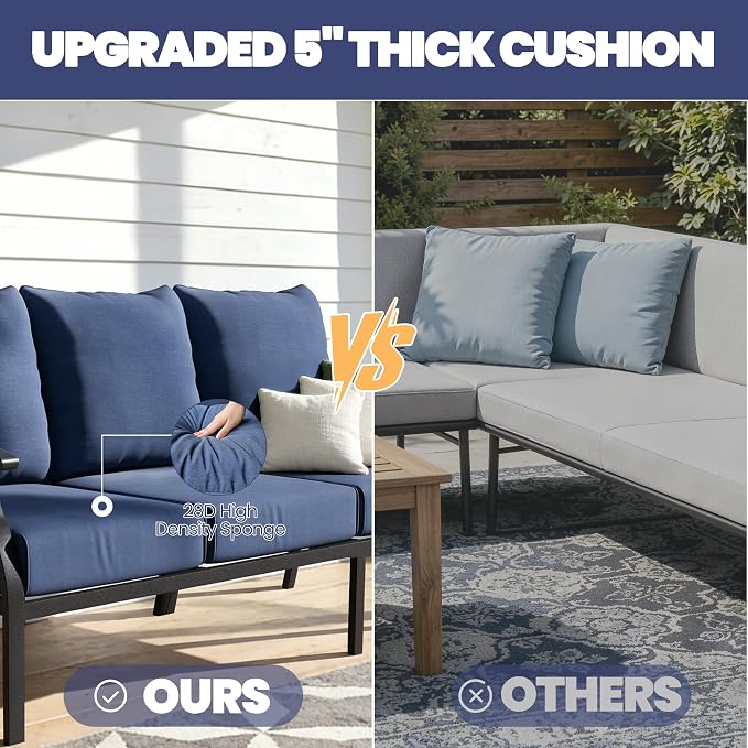 Kullavik Patio Furniture Set,4 Piece Metal Outdoor Patio Furniture Set,All Weather Modern Patio Conversation Sets w/3 Seater Sofa,2 Single Sofas and Coffee Table for Balcony Deck,NavyBlue